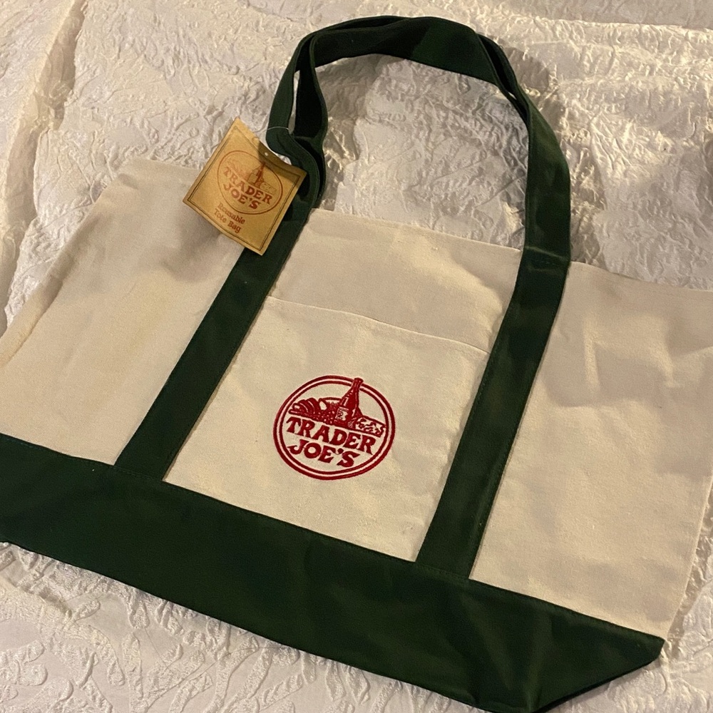 Canvas Tote Bag in Cream and Dark Green